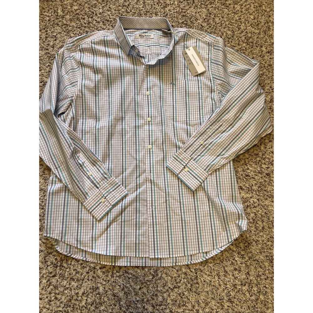 Tommy Bahama New Button Up Shirt Sz Xl/TG Plaid White Blue Long Sleeves Cotton